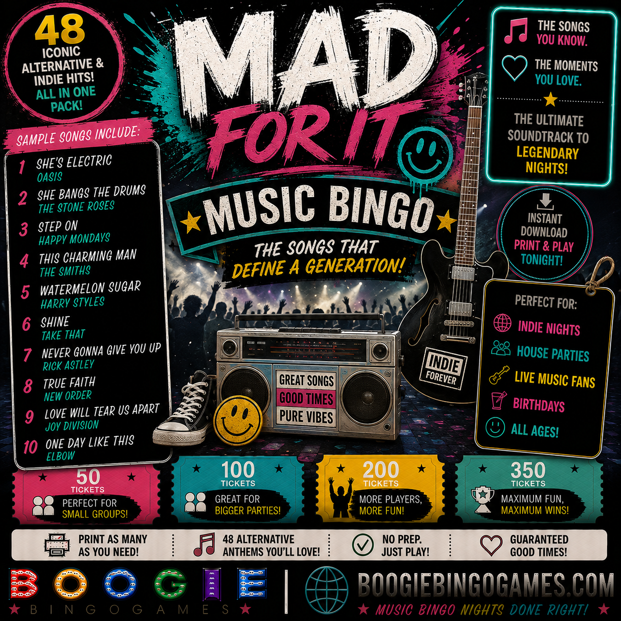 Mad For It Music Bingo - Available in 50, 100, 200 and 350 Ticket Options