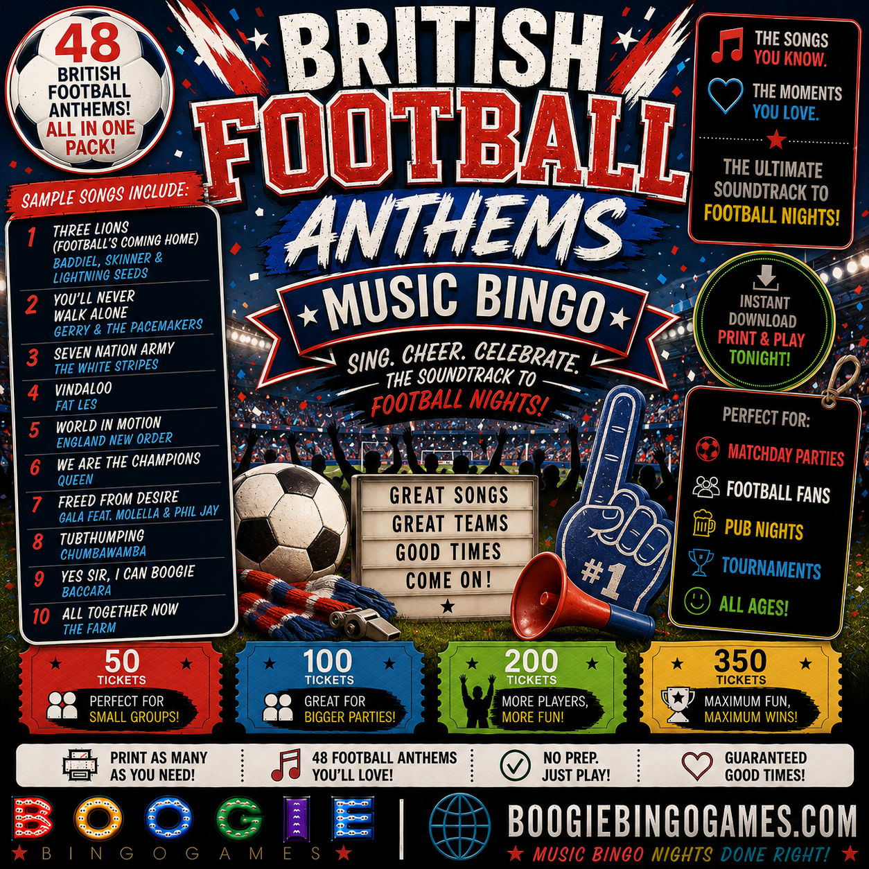 British Football Anthems Music Bingo - Available in 50, 100, 200 and 350 Ticket Options