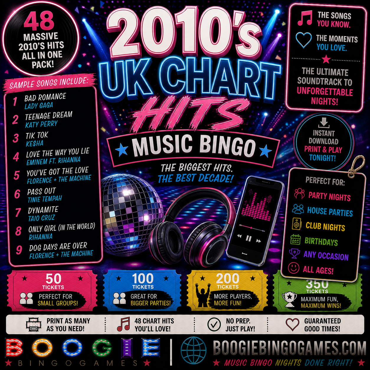2010's UK Chart Hits Music Bingo - Available in 50, 100, 200 and 350 Ticket Options