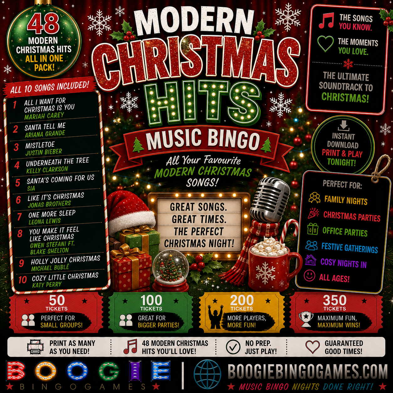 Modern Christmas Hits Music Bingo - Available in 50, 100, 200 and 350 Ticket Options