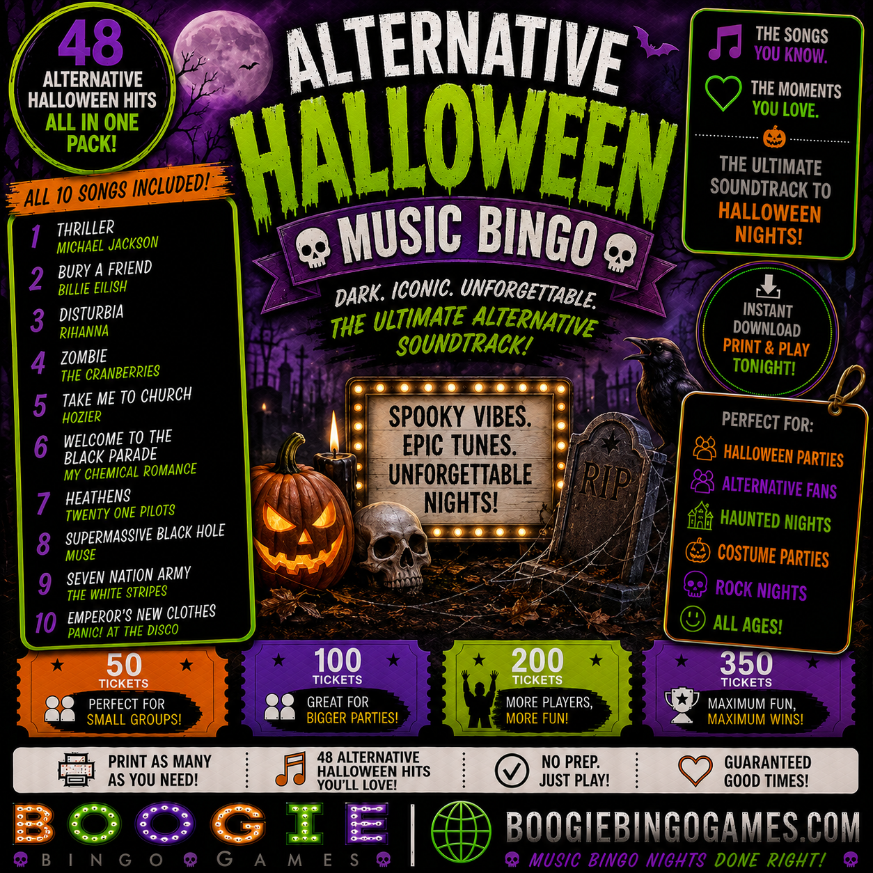 Alternative Halloween Music Bingo - Available in 50, 100, 200 and 350 Ticket Options