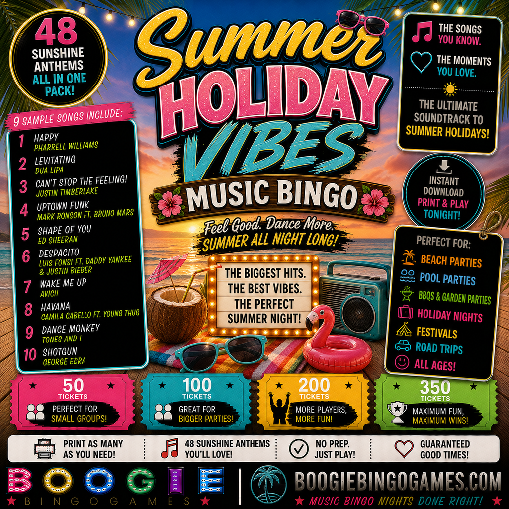 Summer Holiday Vibes Music Bingo - Available in 50, 100, 200 and 350 Ticket Options