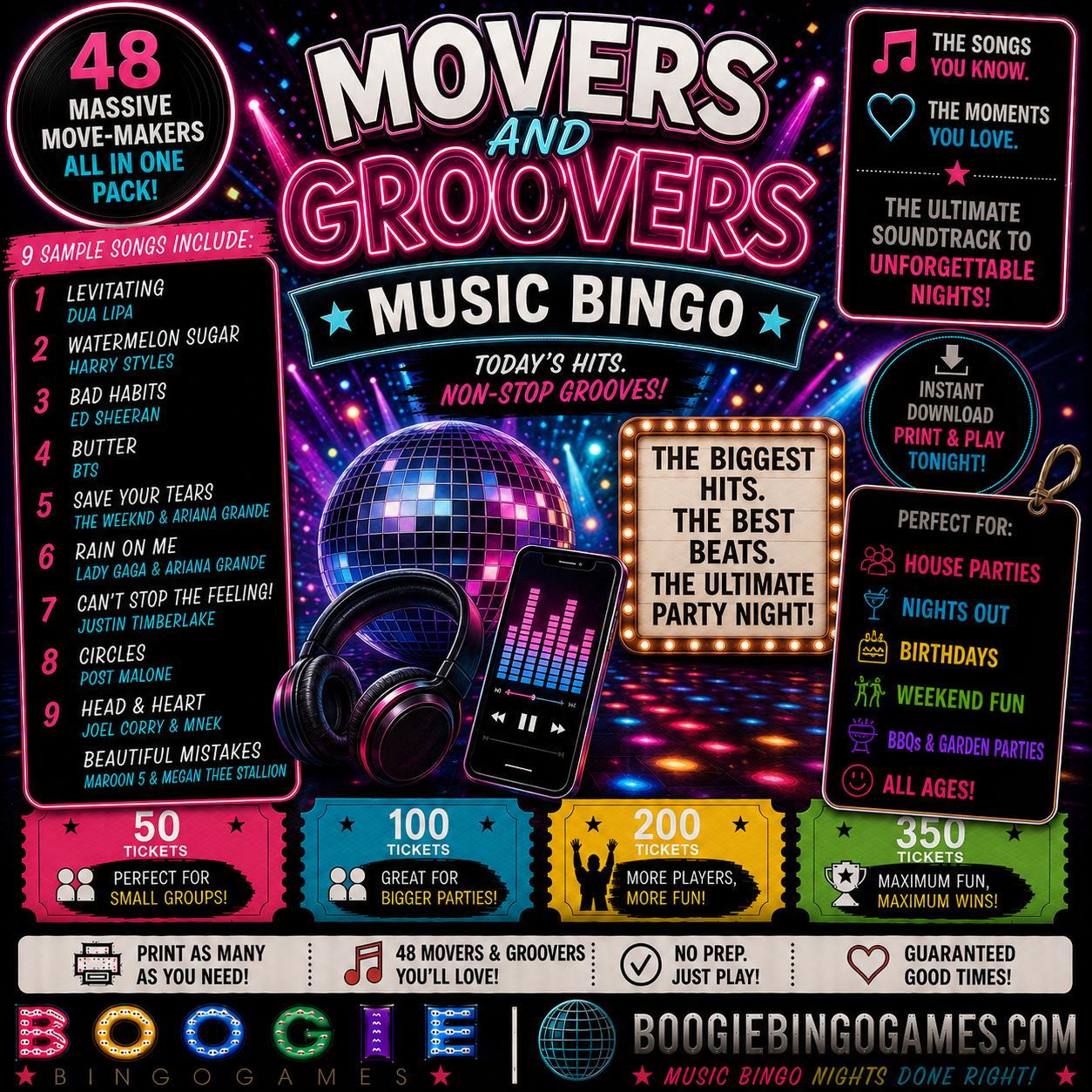 Movers And Groovers Music Bingo - Available in 50, 100, 200 and 350 Ticket Options