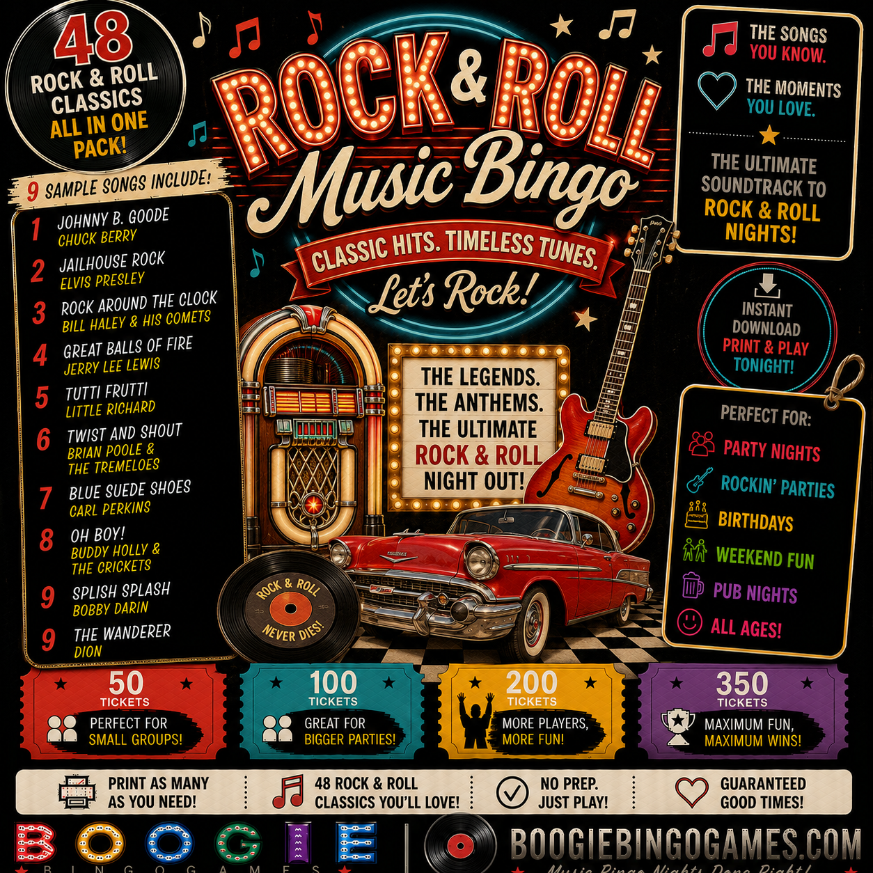 Rock And Roll Music Bingo - Available in 50, 100, 200 and 350 Ticket Options