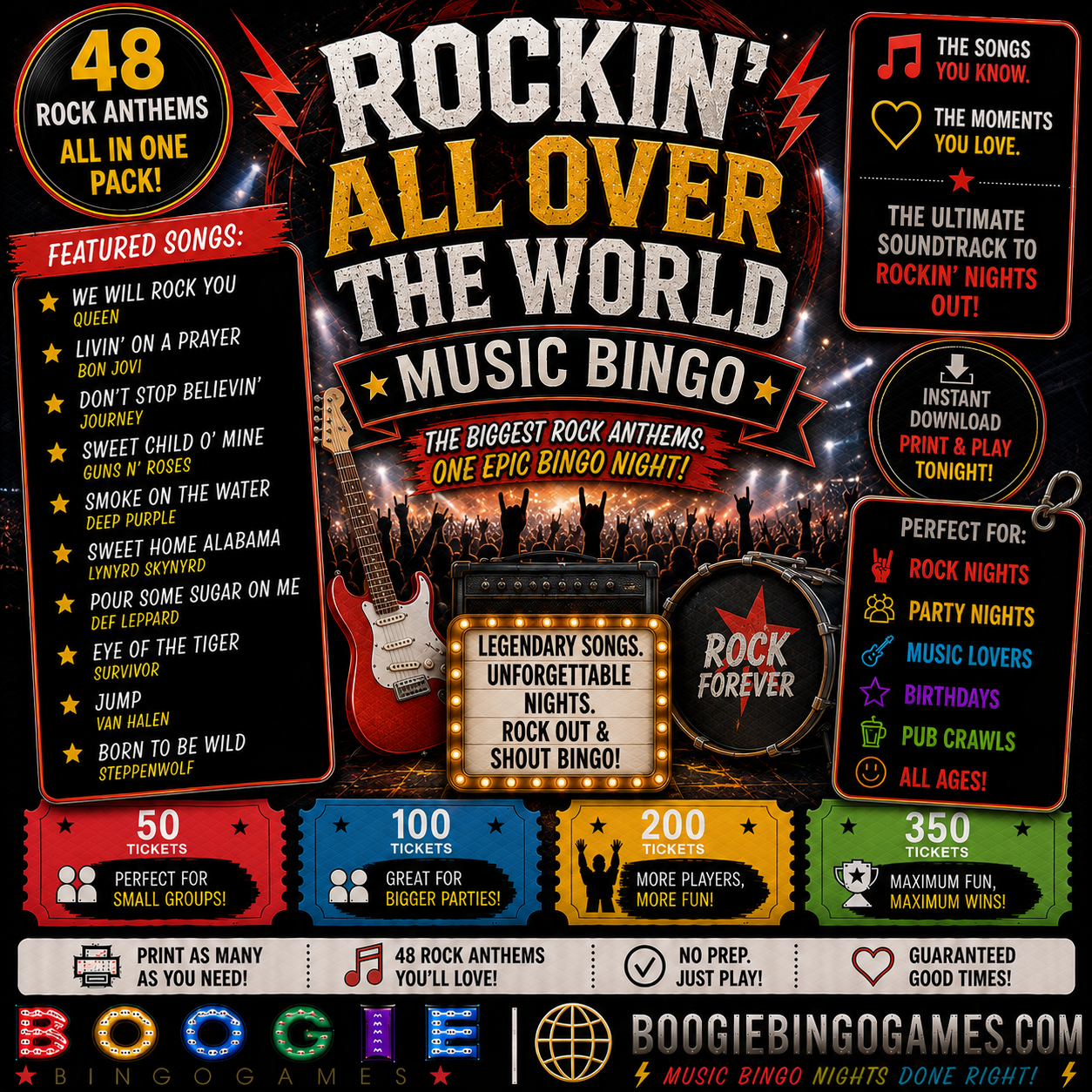 Rockin' All Over The World Music Bingo - Available in 50, 100, 200 and 350 Ticket Options