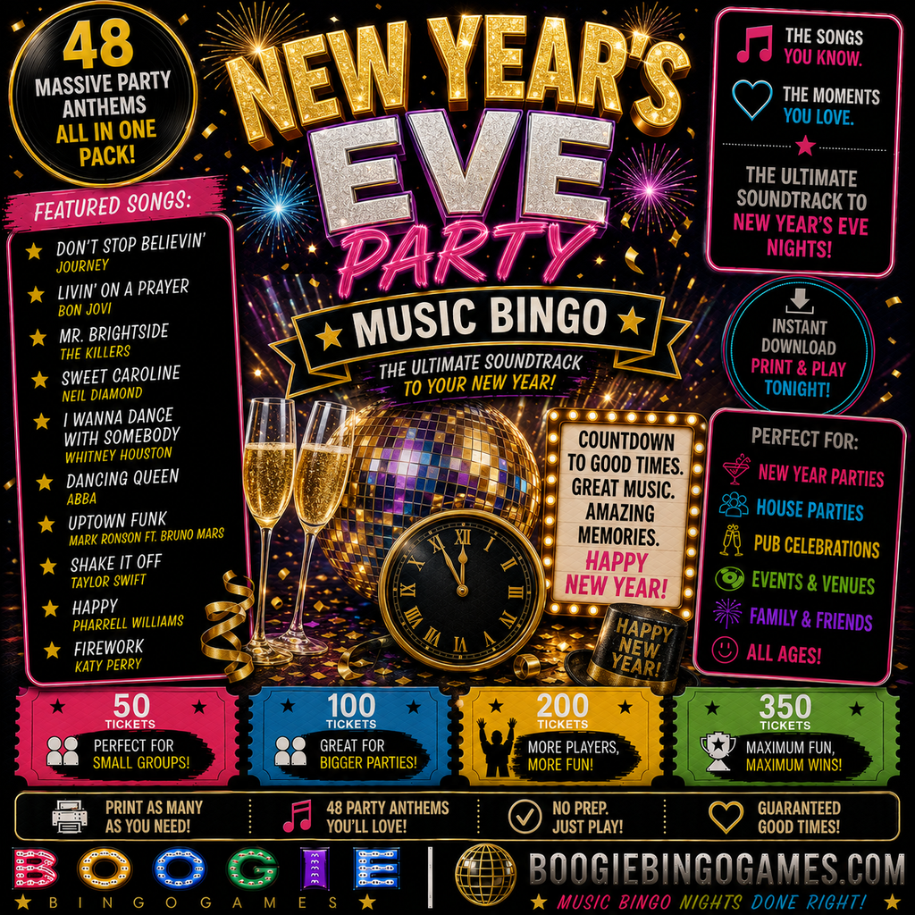 New Year's Eve Party Music Bingo - Available in 50, 100, 200 and 350 Ticket Options