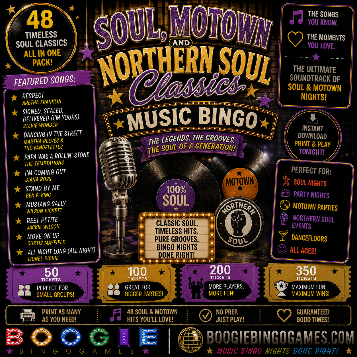 Soul, Motown & Northern Soul Classics Music Bingo - Available in 50, 100, 200 and 350 Ticket Options