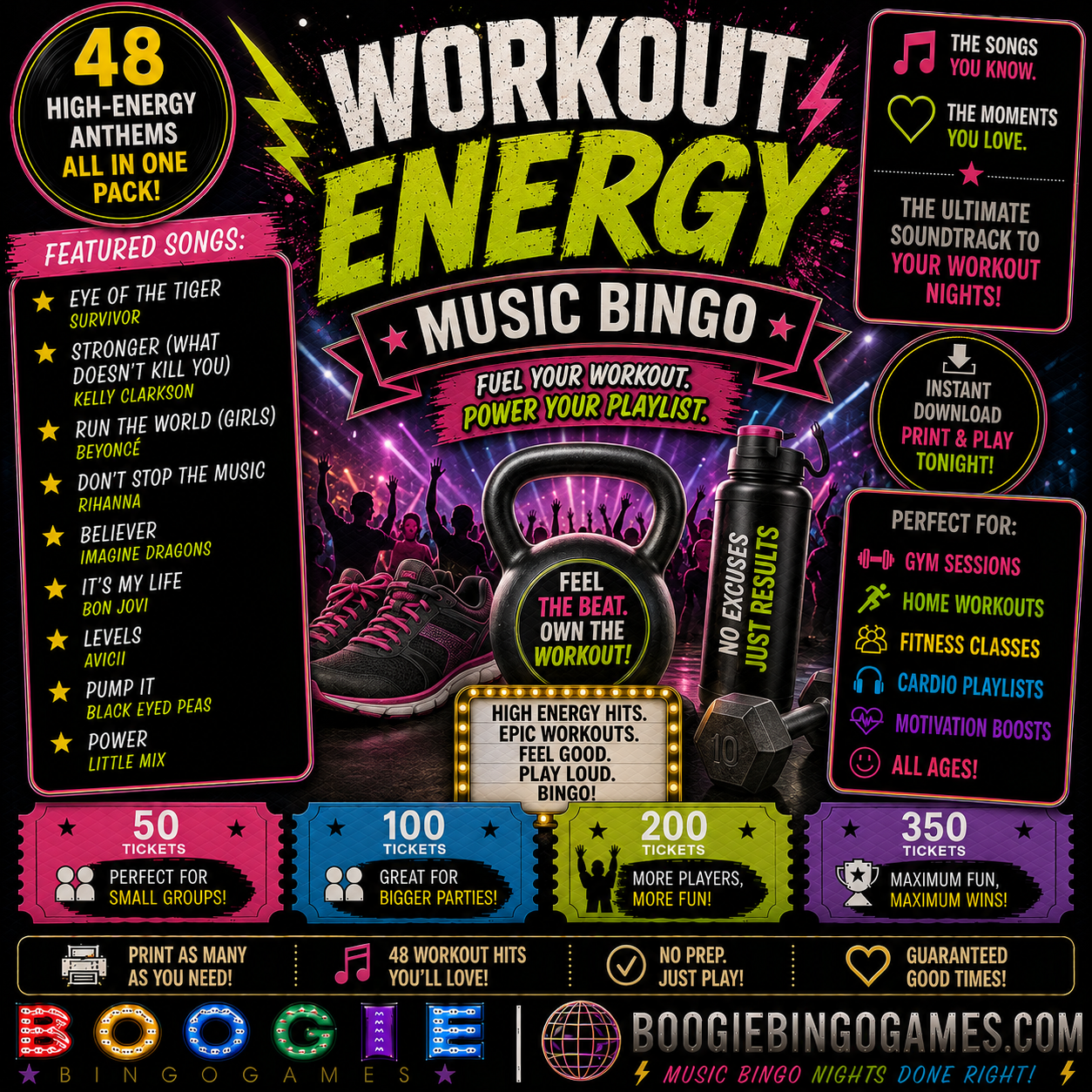 Workout Energy Music Bingo - Available in 50, 100, 200 and 350 Ticket Options