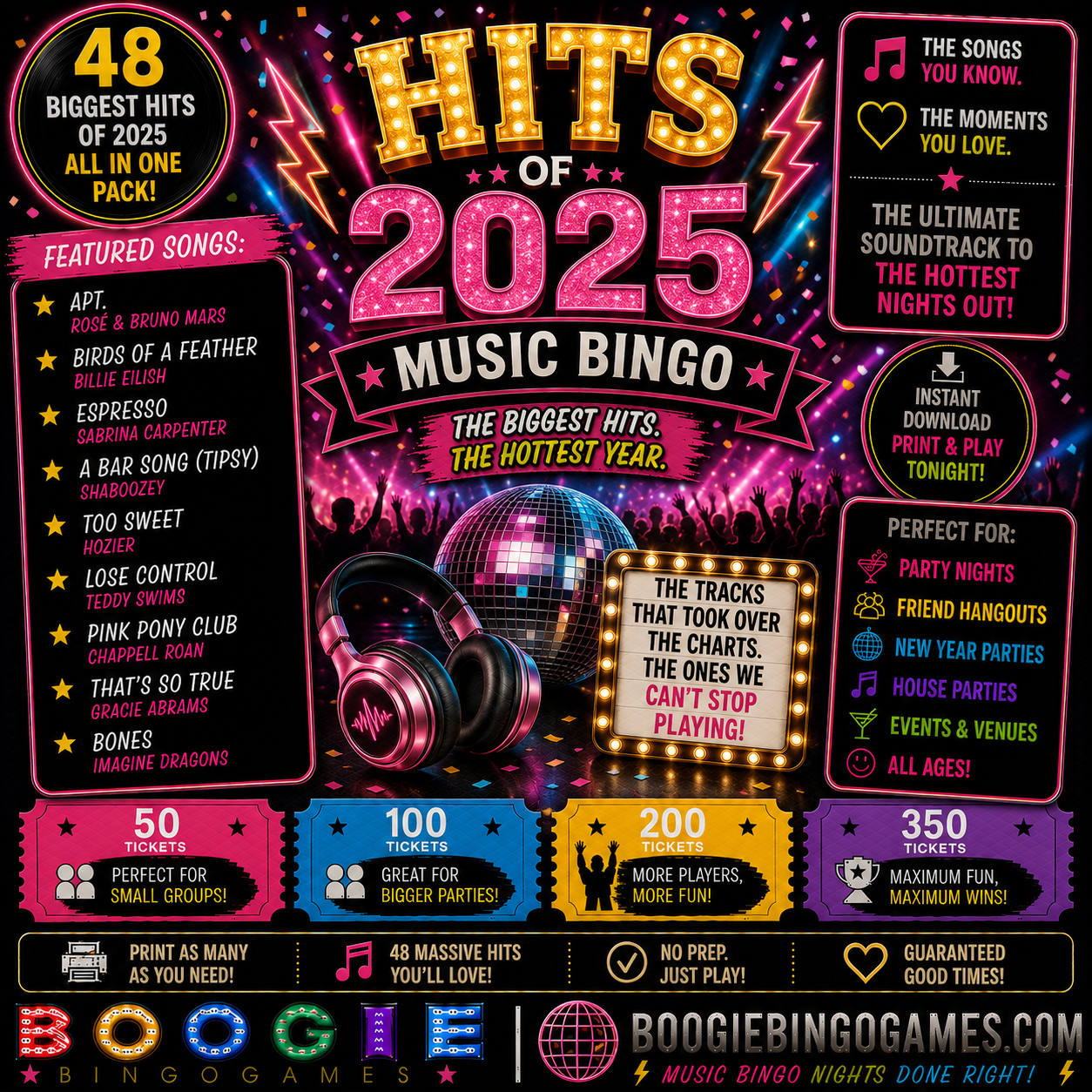 Hits of 2025 Music Bingo - Available in 50, 100, 200 and 350 Ticket Options