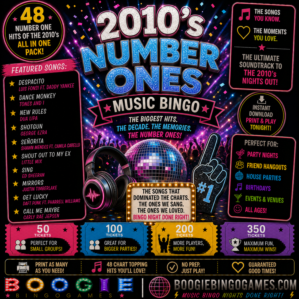 2010's Number Ones Music Bingo - Available in 50, 100, 200 and 350 Ticket Options