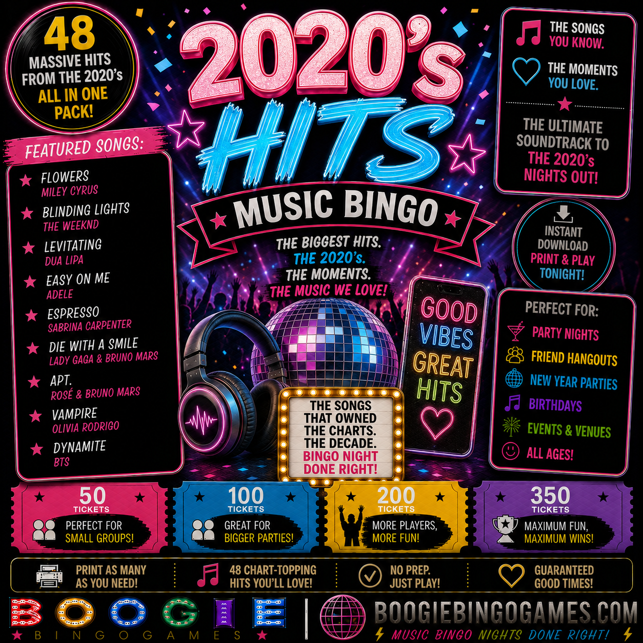 2020's Hits Music Bingo - Available in 50, 100, 200 and 350 Ticket Options