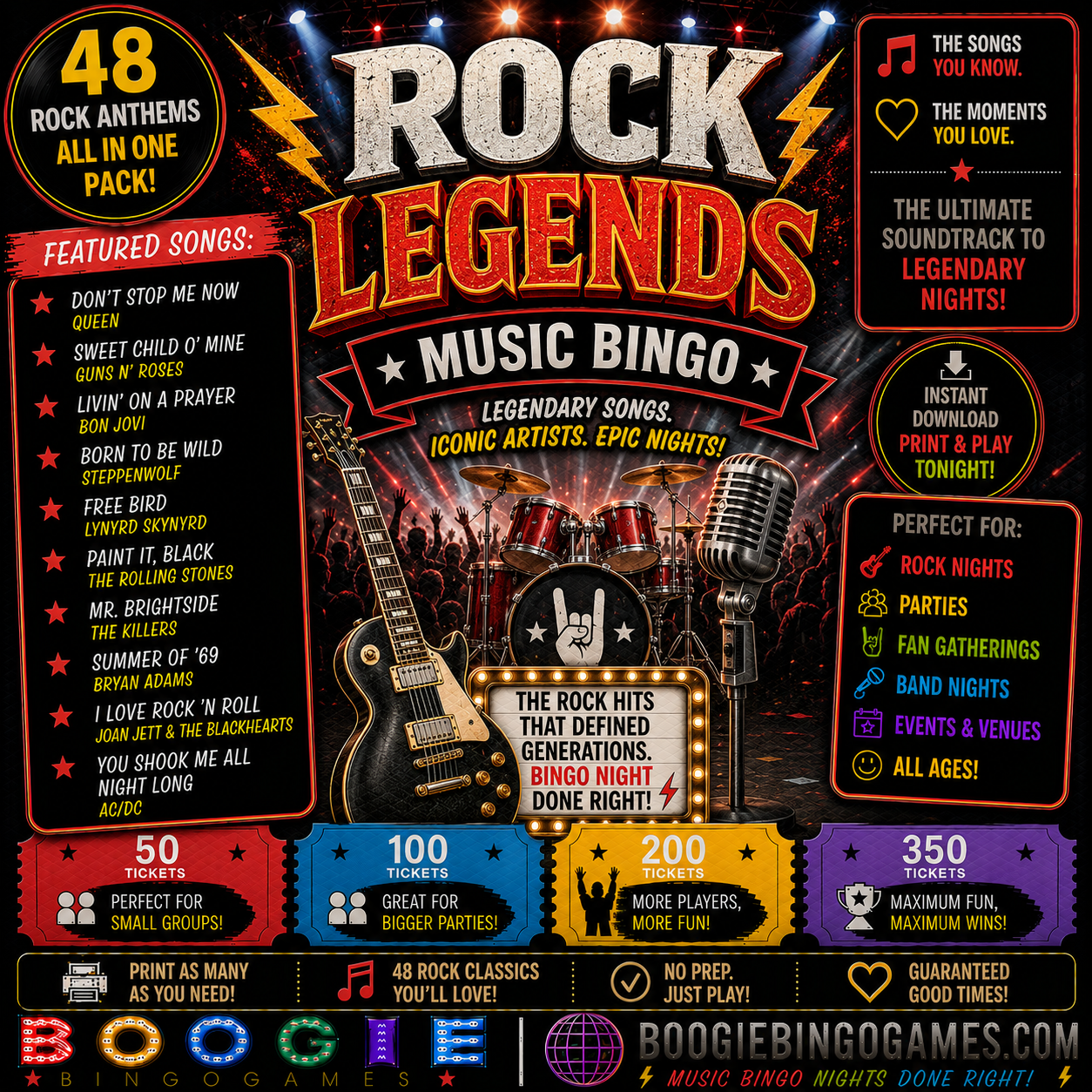 Rock Legends Music Bingo - Available in 50, 100, 200 and 350 Ticket Options