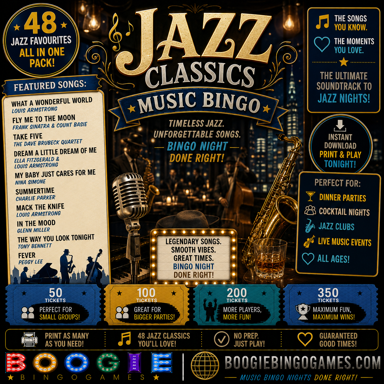 Jazz Classics Music Bingo - Available in 50, 100, 200 and 350 Ticket Options