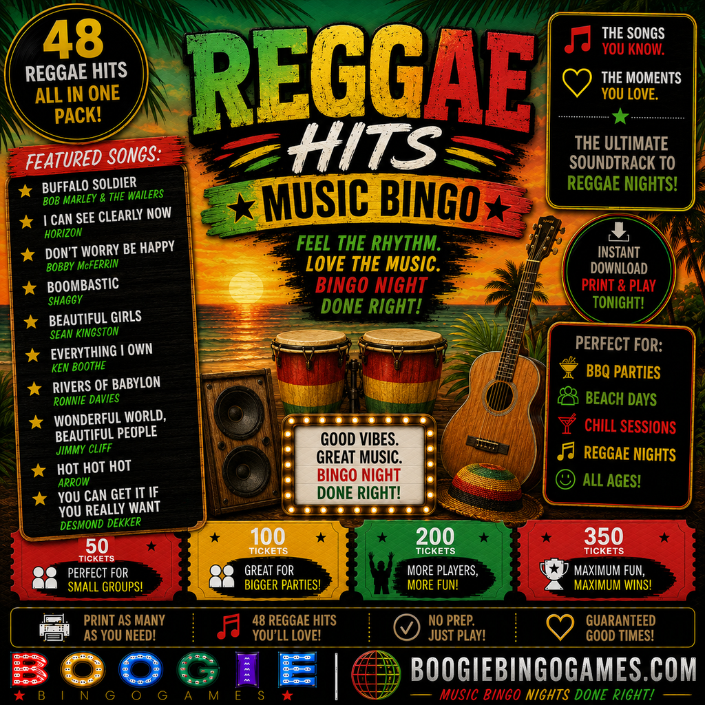 Reggae Hits Music Bingo - Available in 50, 100, 200 and 350 Ticket Options