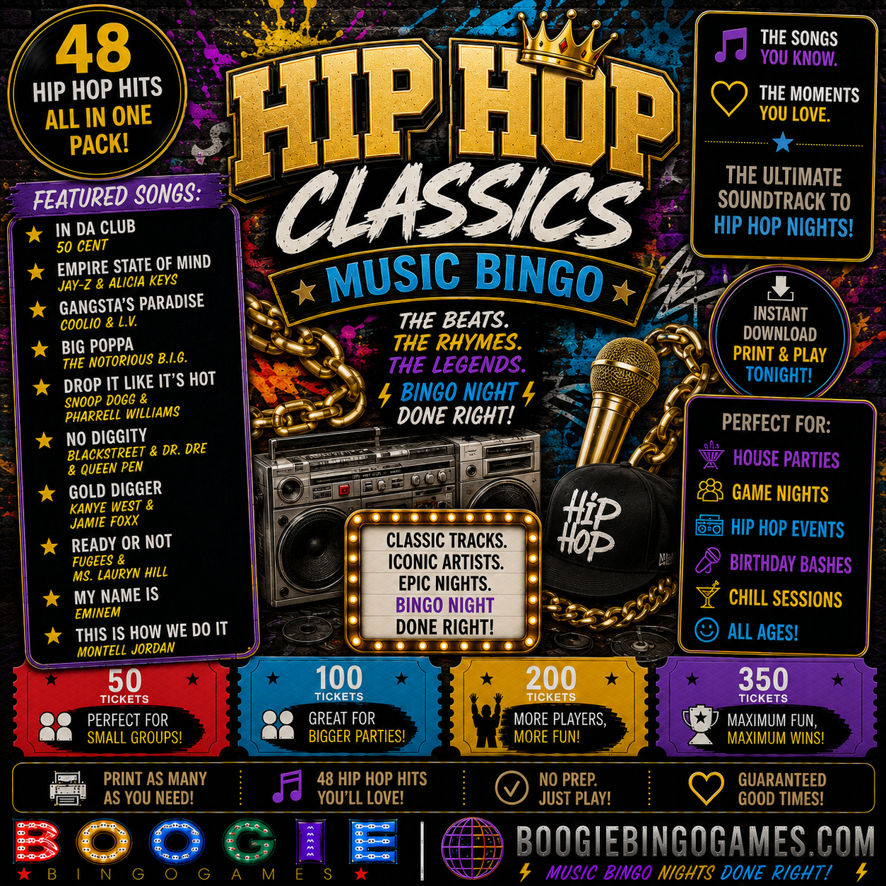 Hip Hop Classics Music Bingo - Available in 50, 100, 200 and 350 Ticket Options