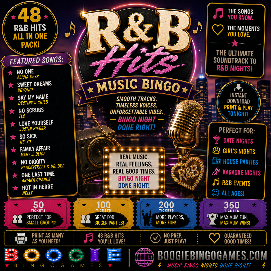R&B Hits Music Bingo - Available in 50, 100, 200 and 350 Ticket Options