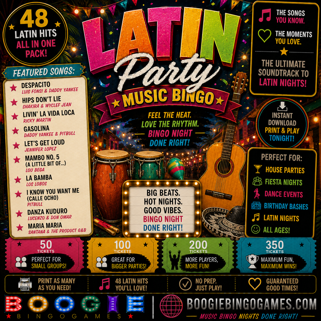 Latin Party Music Bingo - Available in 50, 100, 200 and 350 Ticket Options