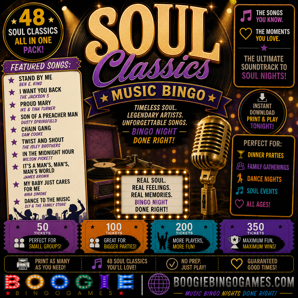 Soul Classics Music Bingo - Available in 50, 100, 200 and 350 Ticket Options