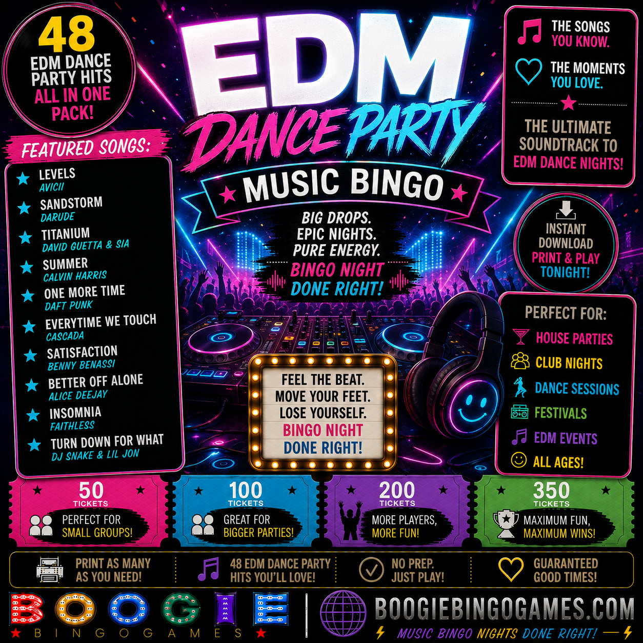 EDM Dance Party Music Bingo - Available in 50, 100, 200 and 350 Ticket Options