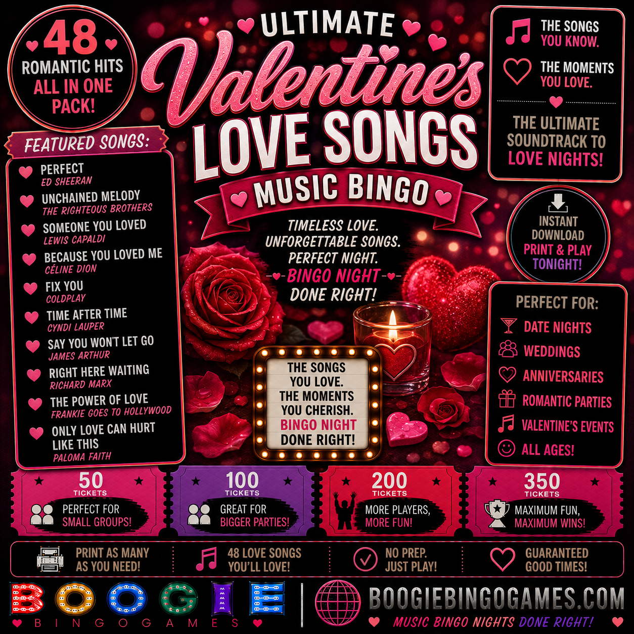 Ultimate Valentine's Love Songs Music Bingo - Available in 50, 100, 200 and 350 Ticket Options