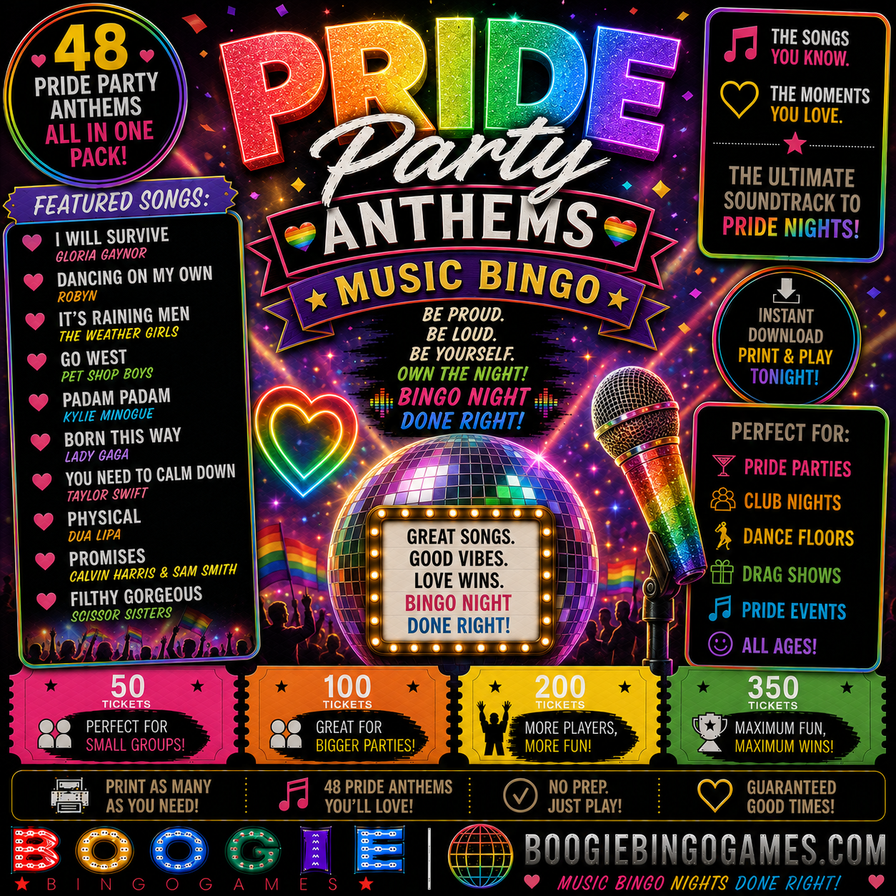 Pride Party Anthems Music Bingo - Available in 50, 100, 200 and 350 Ticket Options