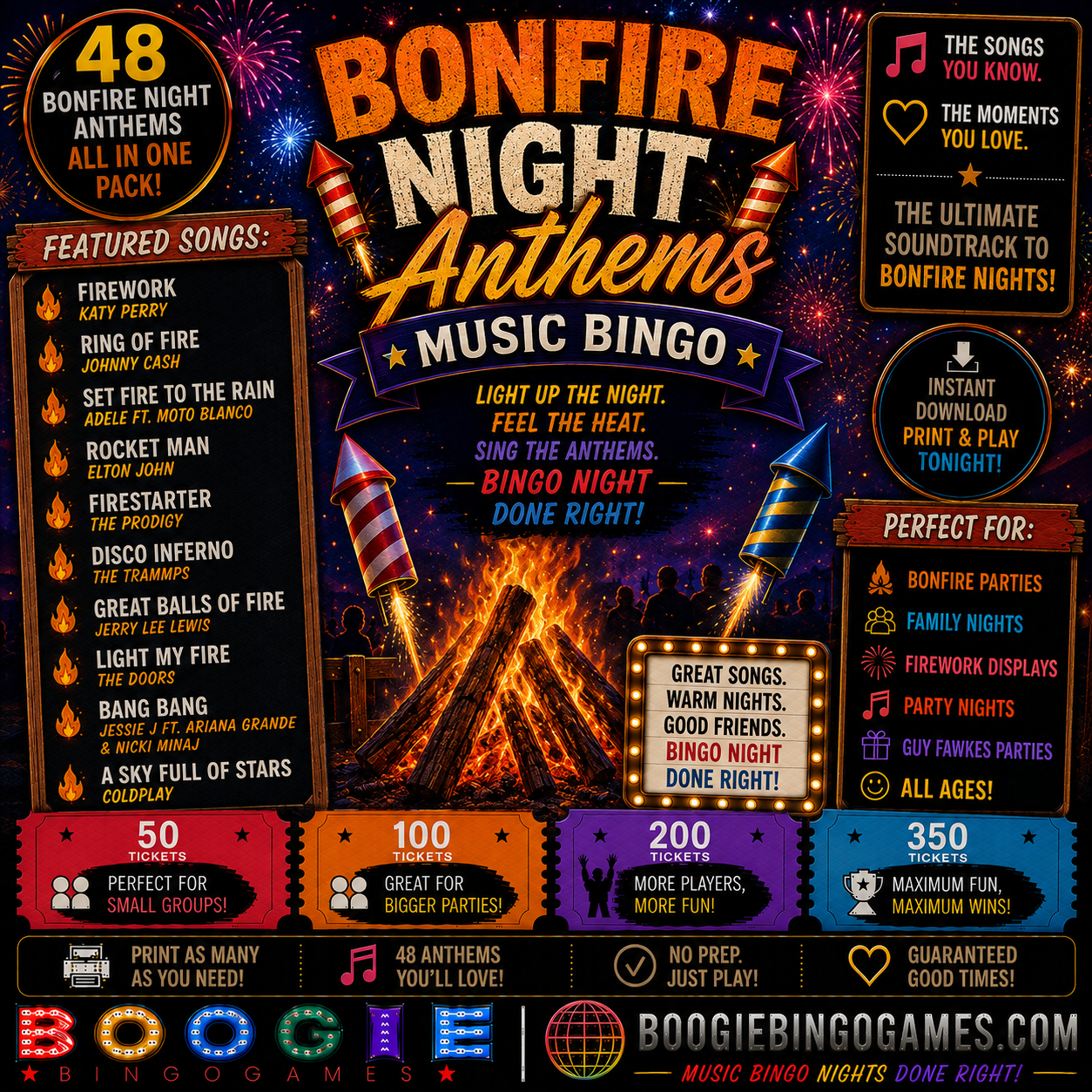Bonfire Night Anthems Music Bingo - Available in 50, 100, 200 and 350 Ticket Options