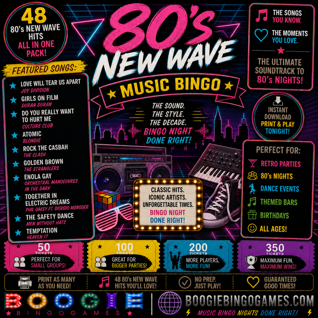 80's New Wave Music Bingo - Available in 50, 100, 200 and 350 Ticket Options