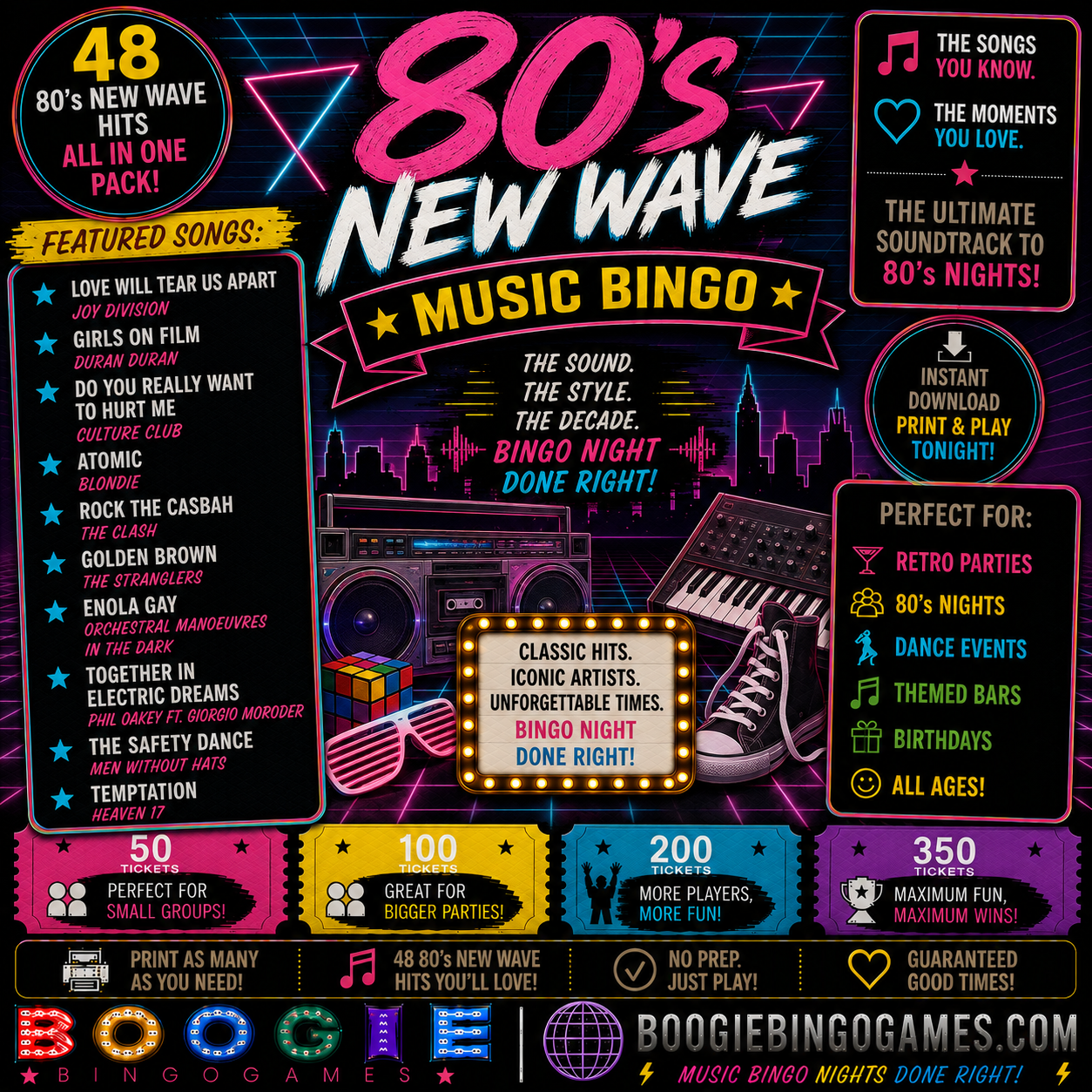80's New Wave Music Bingo - Available in 50, 100, 200 and 350 Ticket Options