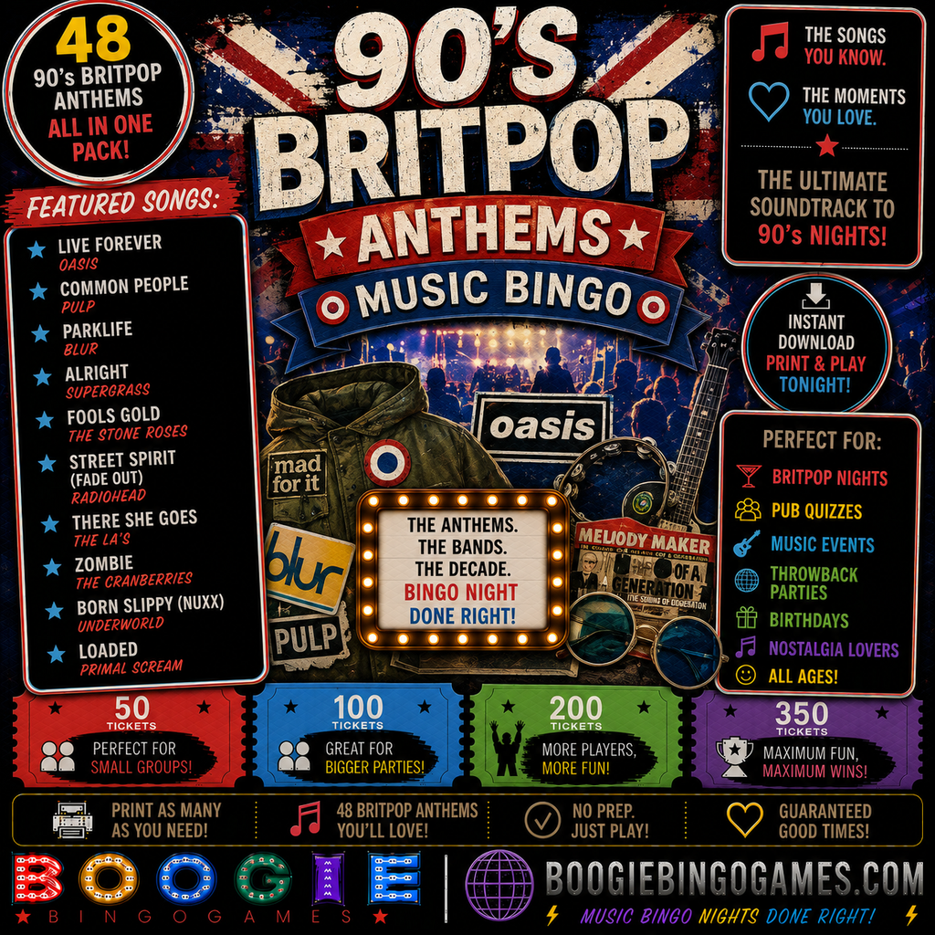 90's Britpop Anthems Music Bingo - Available in 50, 100, 200 and 350 Ticket Options