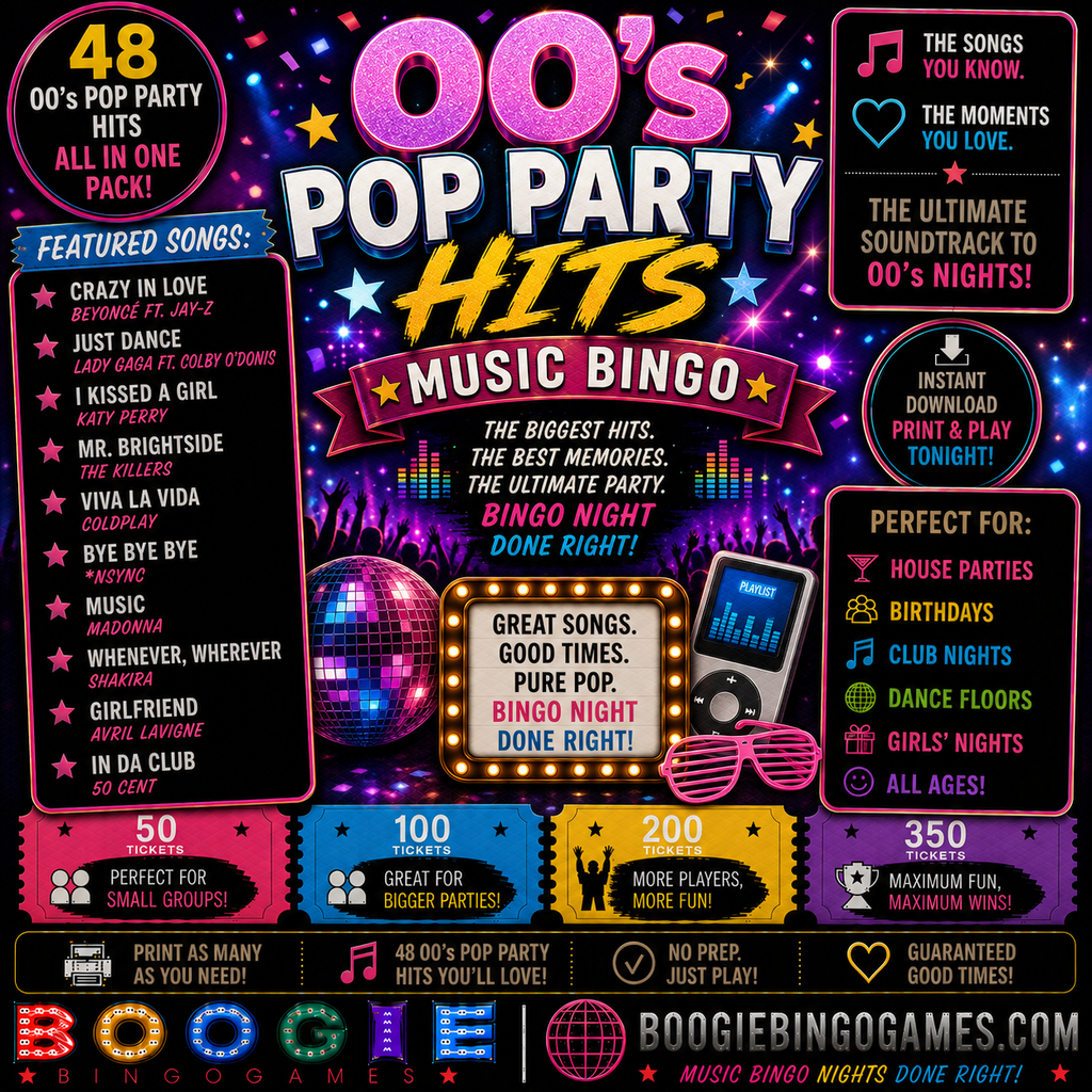 00's Pop Party Hits Music Bingo - Available in 50, 100, 200 and 350 Ticket Options