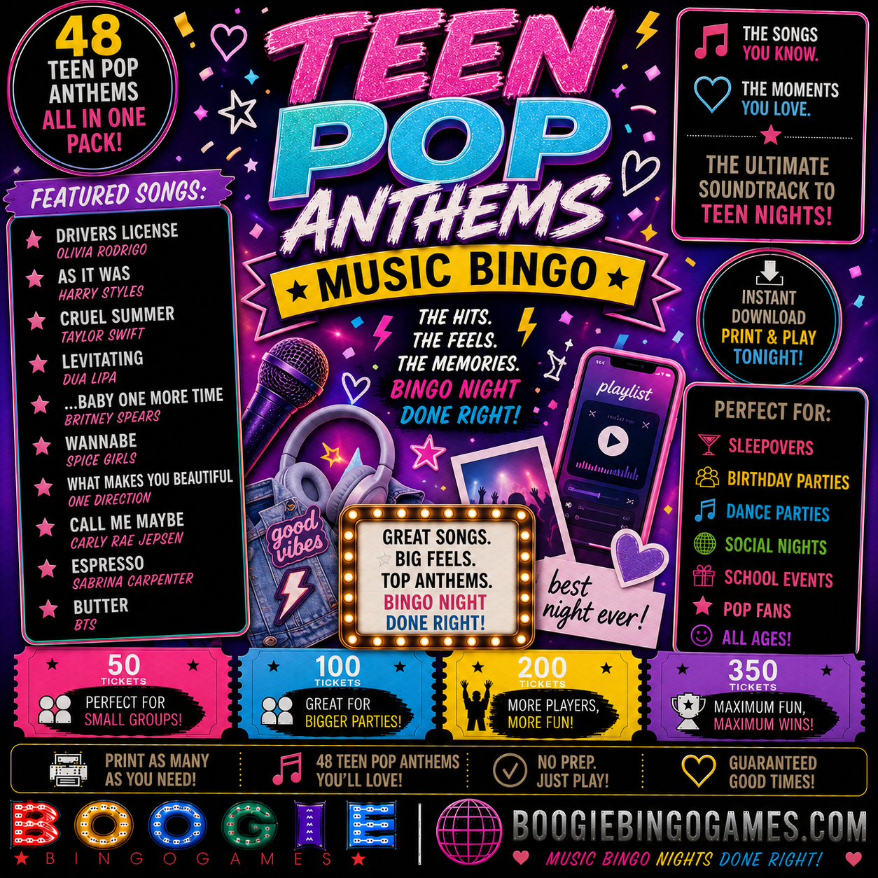Teen Pop Anthems Music Bingo - Available in 50, 100, 200 and 350 Ticket Options