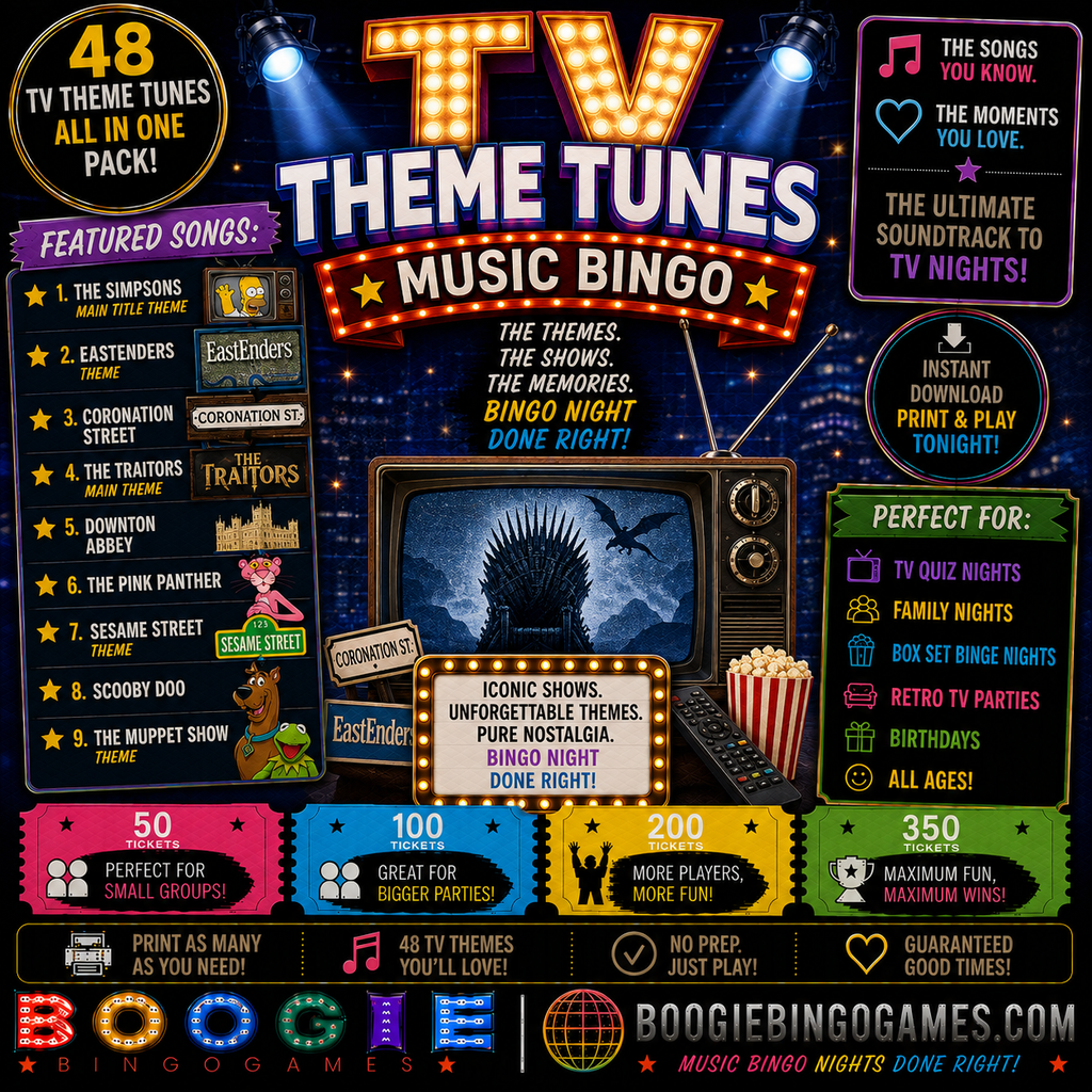 TV Theme Tunes Music Bingo - Available in 50, 100, 200 and 350 Ticket Options