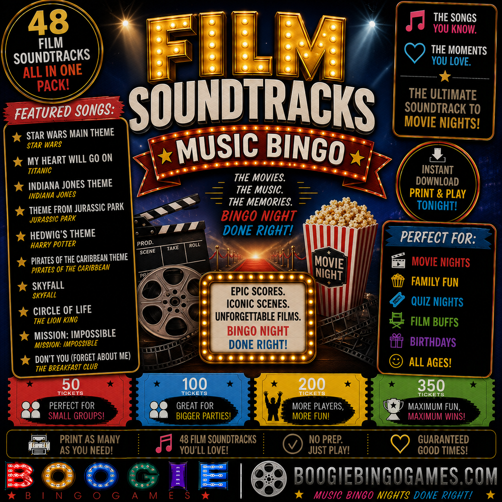 Film Soundtracks Music Bingo - Available in 50, 100, 200 and 350 Ticket Options
