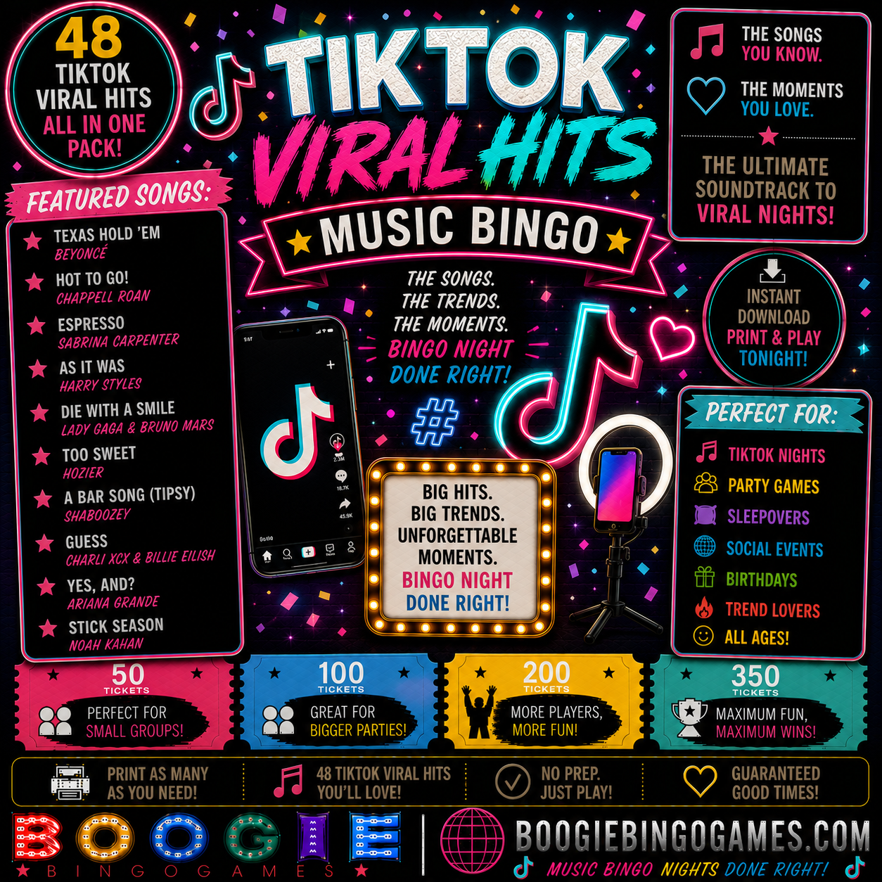 TikTok Viral Hits Music Bingo - Available in 50, 100, 200 and 350 Ticket Options