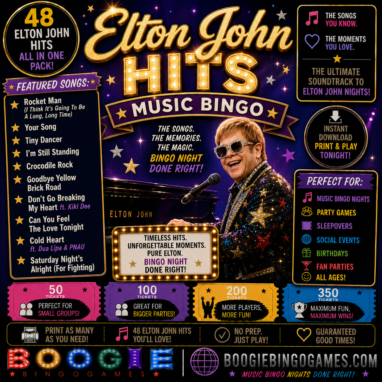 Elton John Hits Music Bingo - Available in 50, 100, 200 and 350 Ticket Options