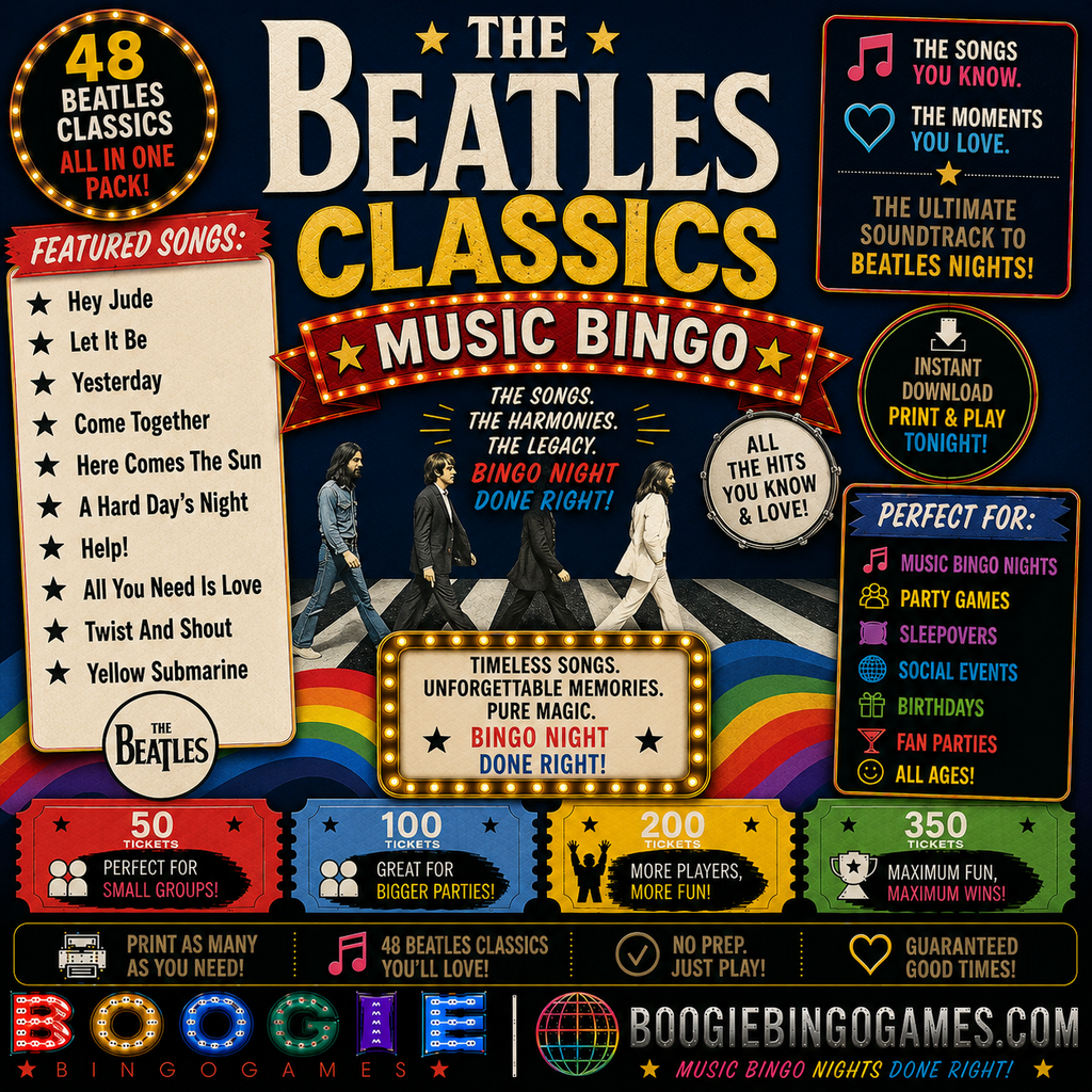 Beatles Classics Music Bingo - Available in 50, 100, 200 and 350 Ticket Options