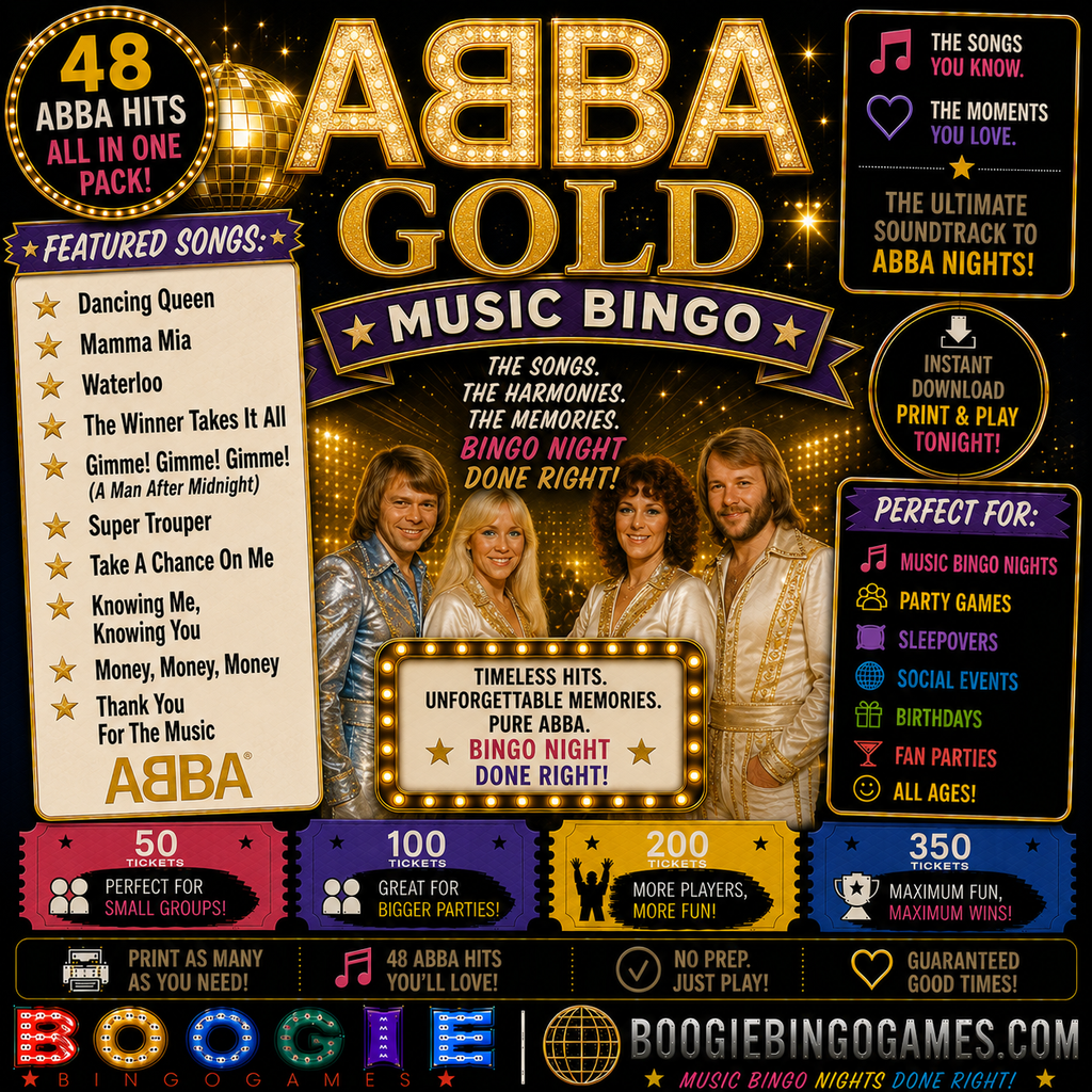 ABBA Gold Music Bingo - Available in 50, 100, 200 and 350 Ticket Options