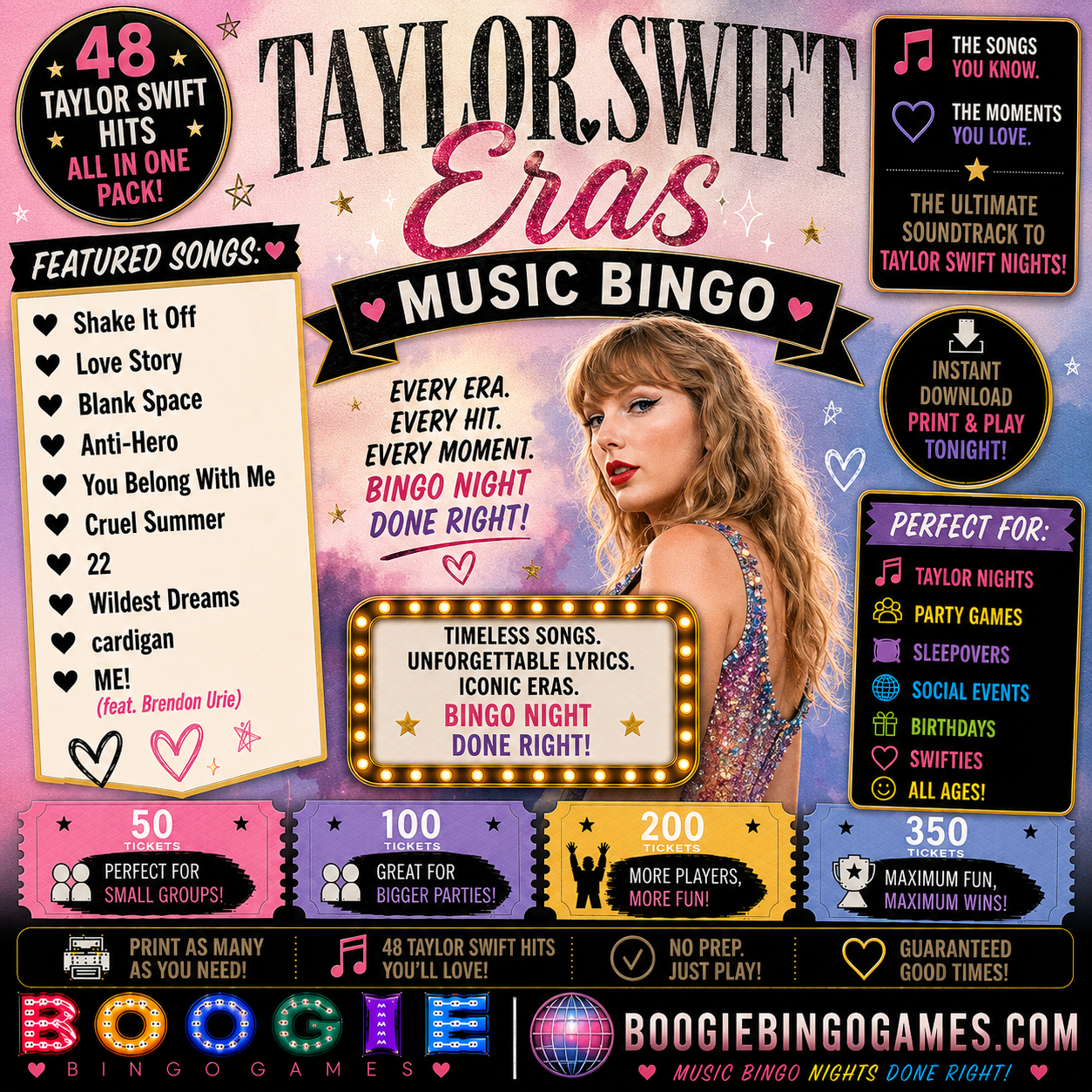 Taylor Swift Eras Music Bingo - Available in 50, 100, 200 and 350 Ticket Options