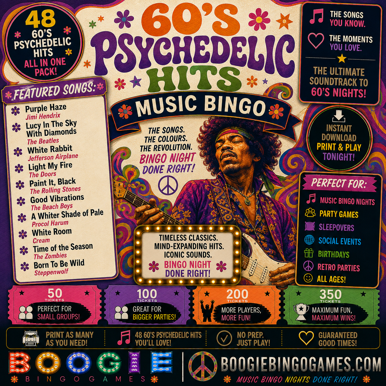 60's Psychedelic Hits Music Bingo - Available in 50, 100, 200 and 350 Ticket Options