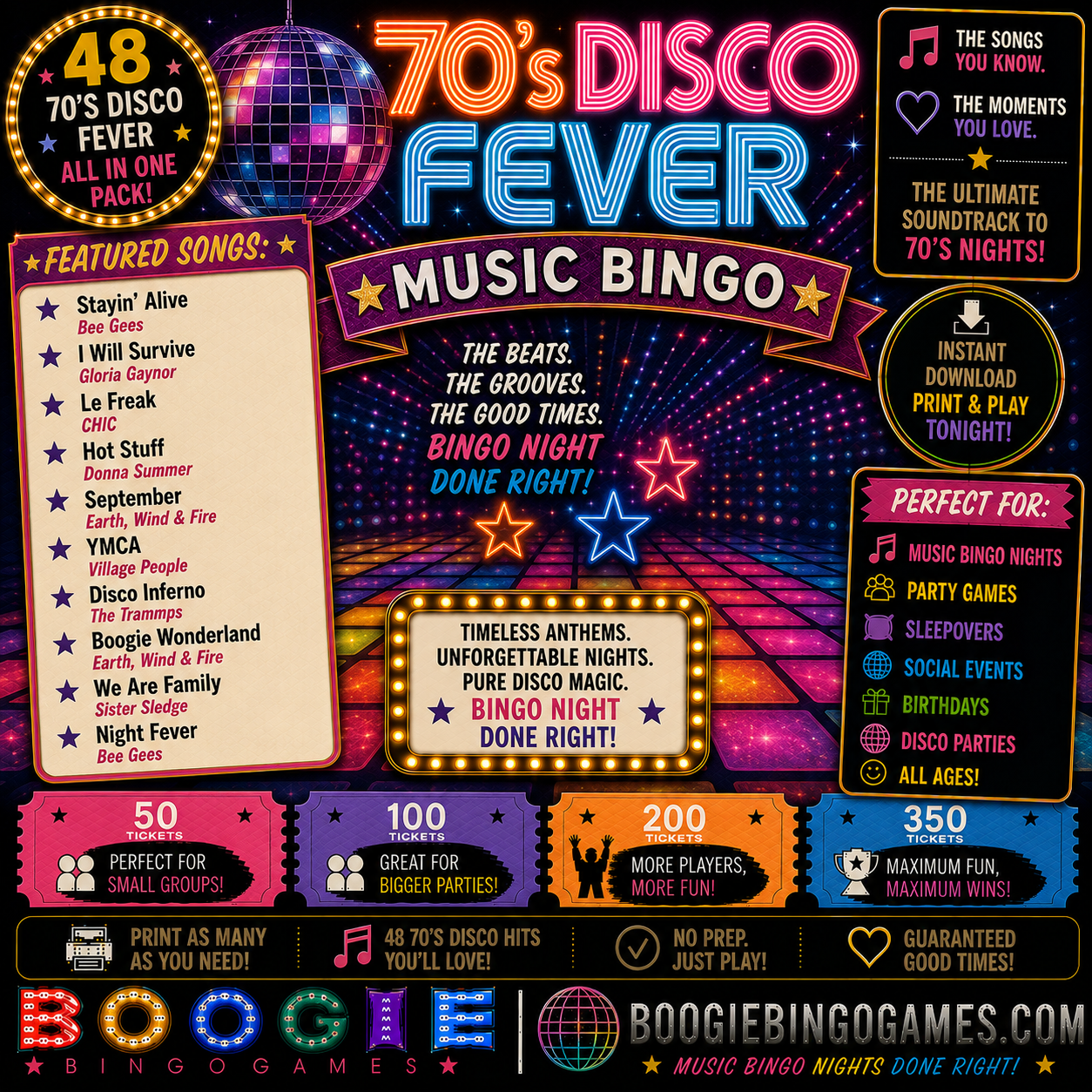 70's Disco Fever Music Bingo - Available in 50, 100, 200 and 350 Ticket Options