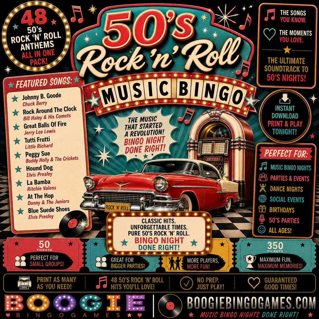50's Rock 'n' Roll Music Bingo - Available in 50, 100, 200 and 350 Ticket Options