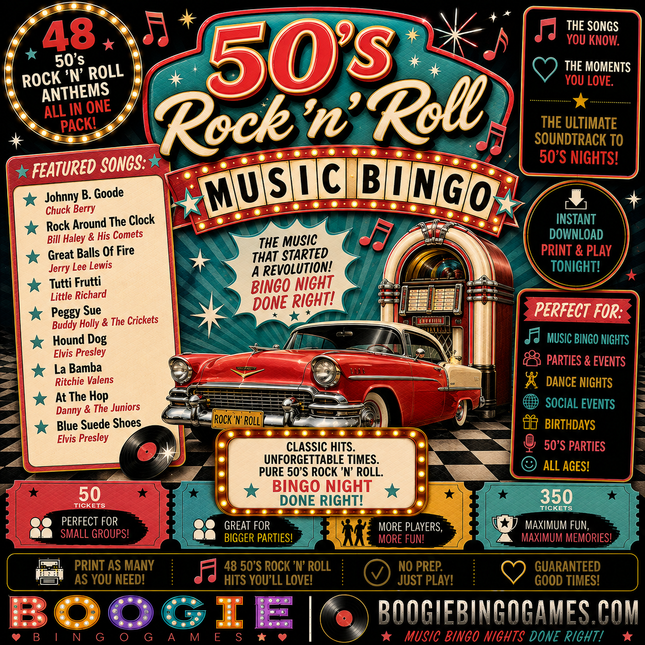 50's Rock 'n' Roll Music Bingo - Available in 50, 100, 200 and 350 Ticket Options