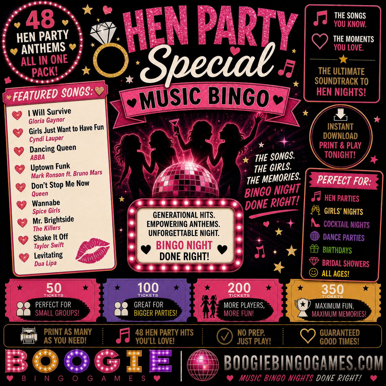 Hen Party Special Music Bingo - Available in 50, 100, 200 and 350 Ticket Options