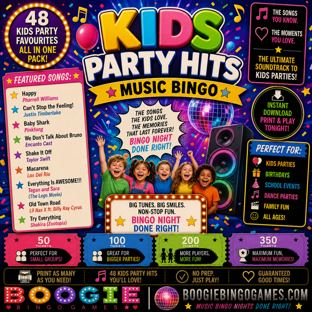 Kids Party Hits Music Bingo - Available in 50, 100, 200 and 350 Ticket Options