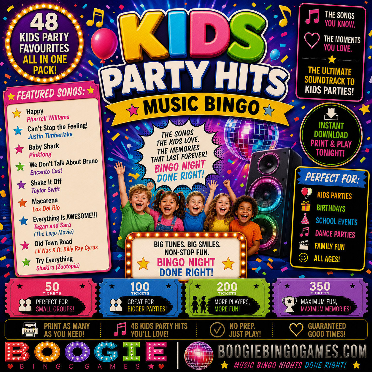 Kids Party Hits Music Bingo - Available in 50, 100, 200 and 350 Ticket Options