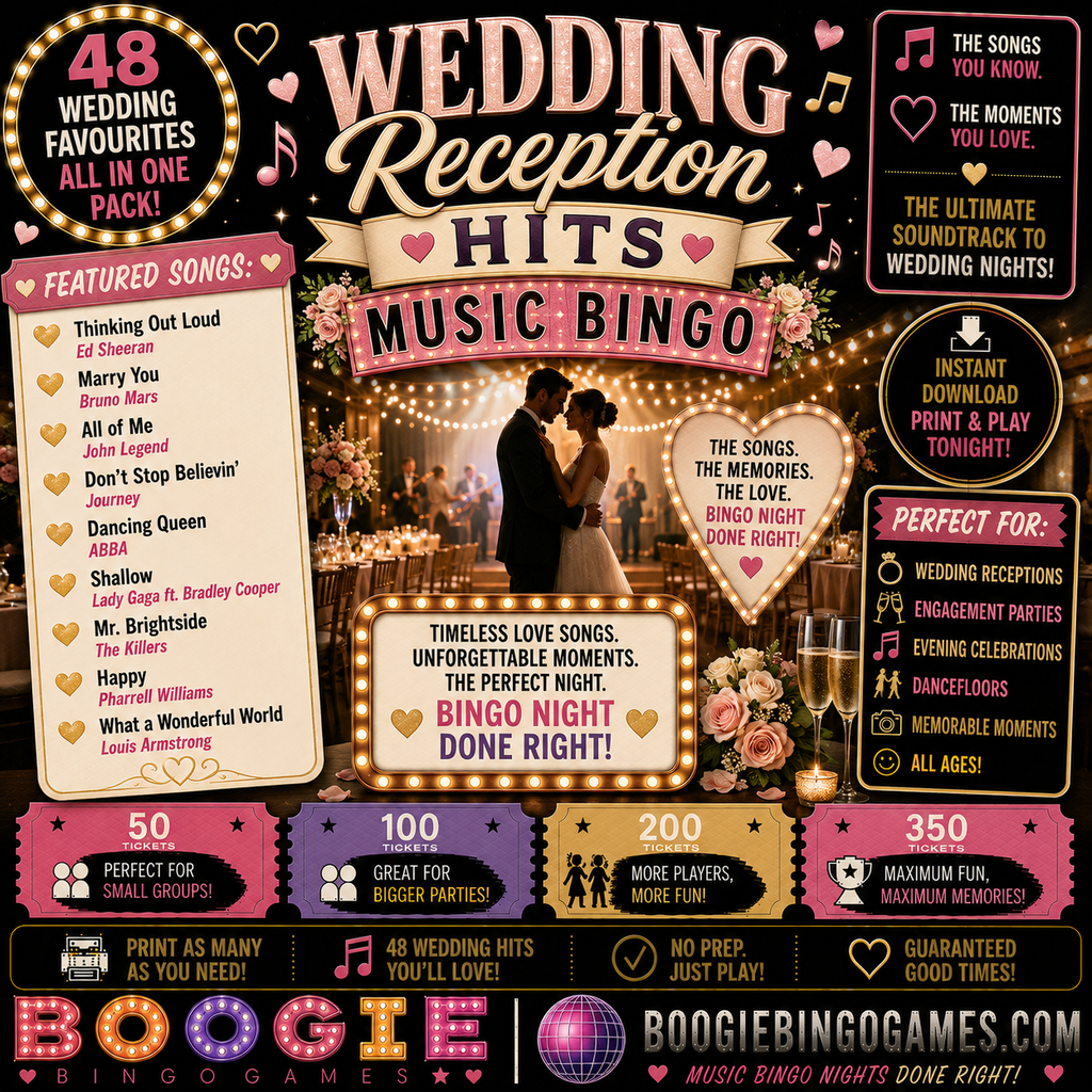Wedding Reception Hits Music Bingo - Available in 50, 100, 200 and 350 Ticket Options