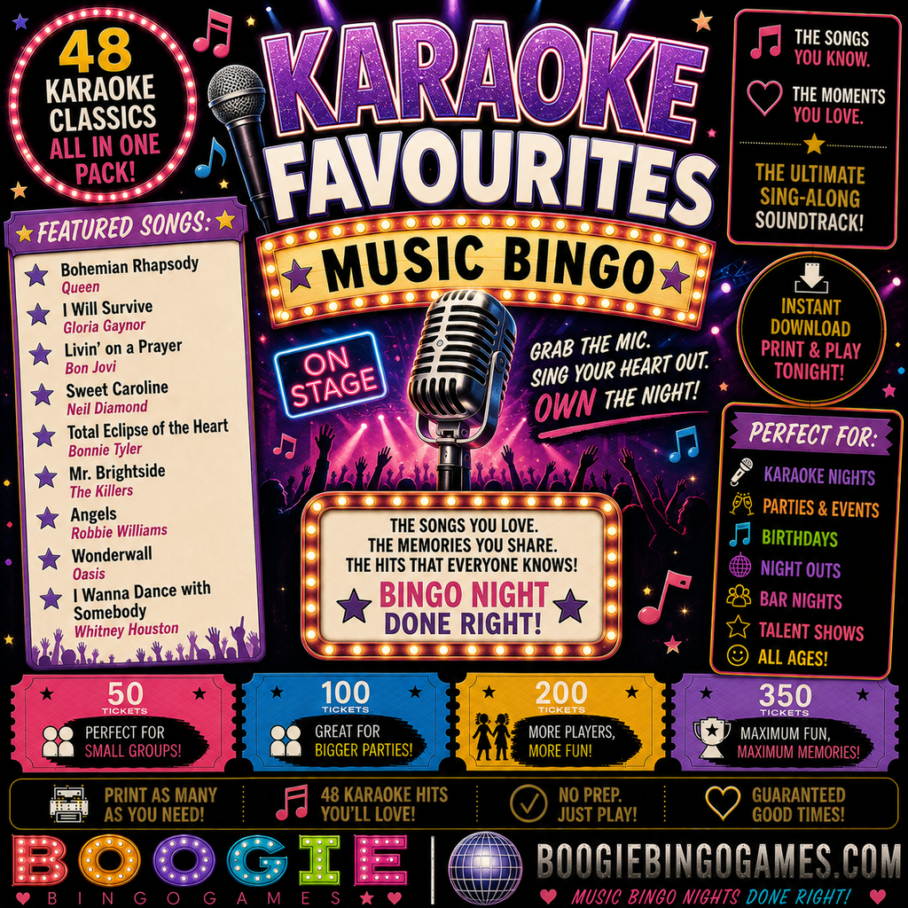Karaoke Favourites Music Bingo - Available in 50, 100, 200 and 350 Ticket Options