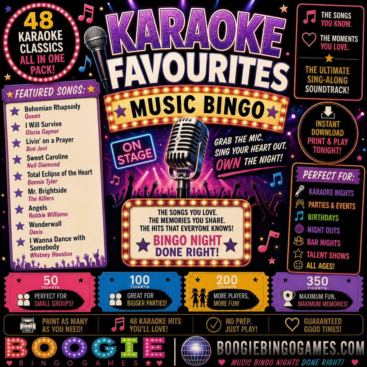 Karaoke Favourites Music Bingo - Available in 50, 100, 200 and 350 Ticket Options