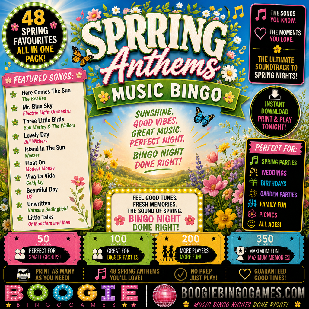 Spring Anthems Music Bingo - Available in 50, 100, 200 and 350 Ticket Options