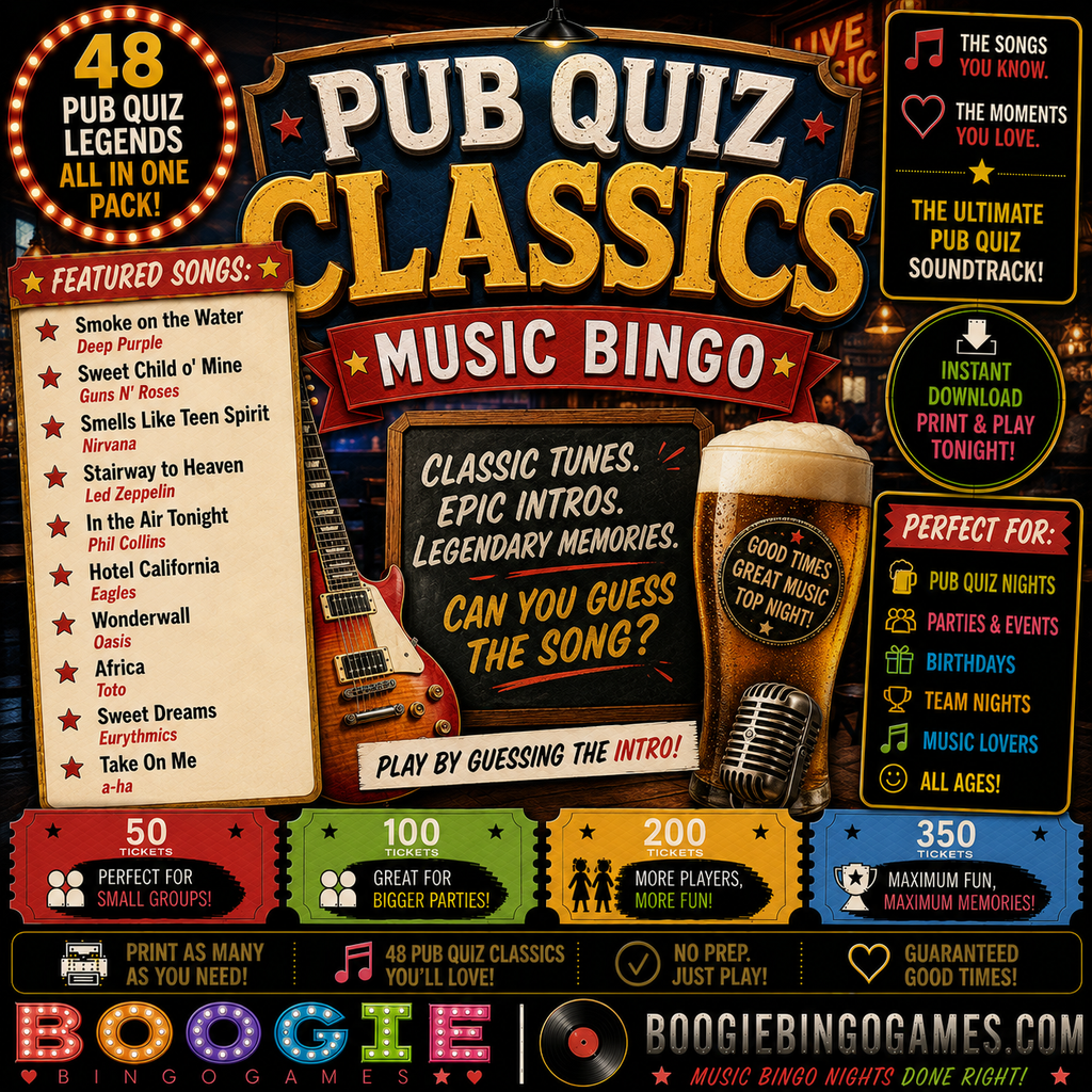 Pub Quiz Classics Music Bingo - Available in 50, 100, 200 and 350 Ticket Options